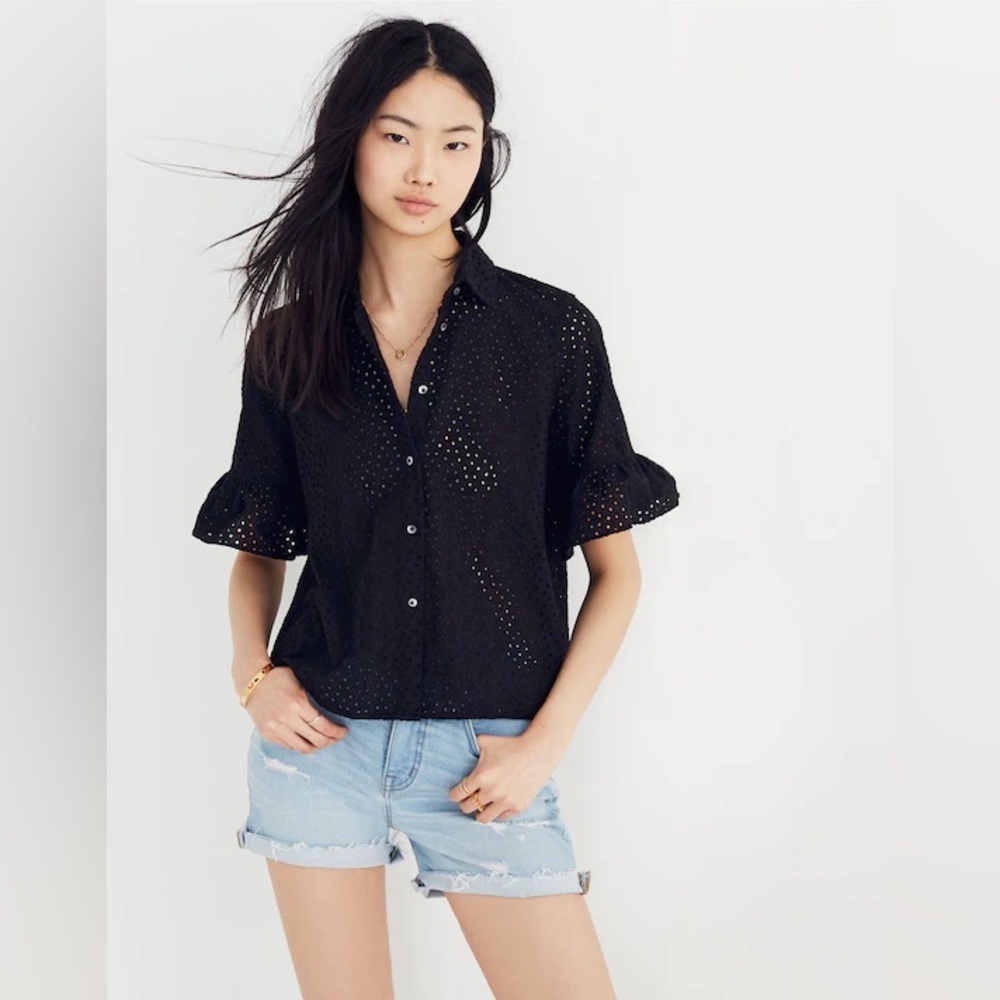 Madewell Black Eyelet Button Down Top XXS 100% Cotton Short Sleeve Blouse